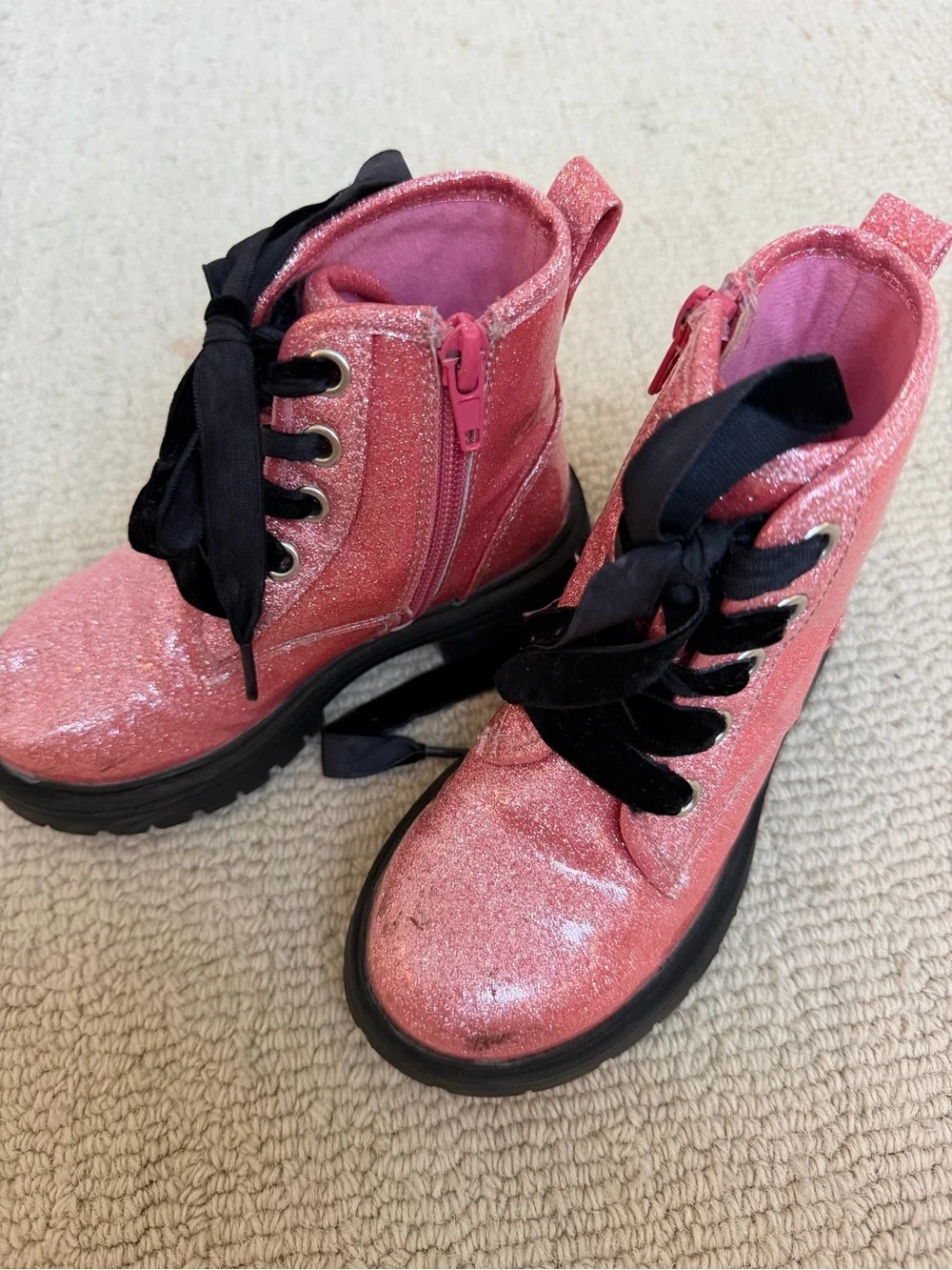 Kids Pink Glitter Lace-Up Boots